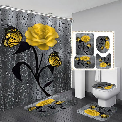 4pcs Set Shower Curtain, Non-Slip Rugs, Toilet Seat Cover Durable Waterproof Decor