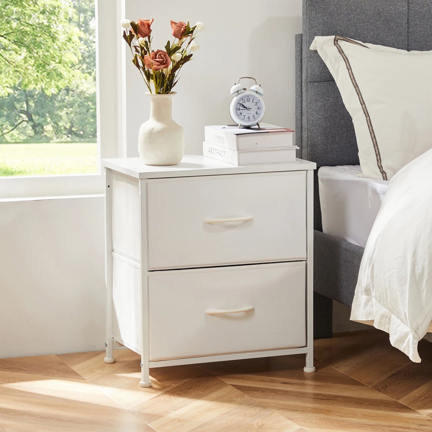 Bedside Nightstand With 2 Fabric Drawers and Lots More