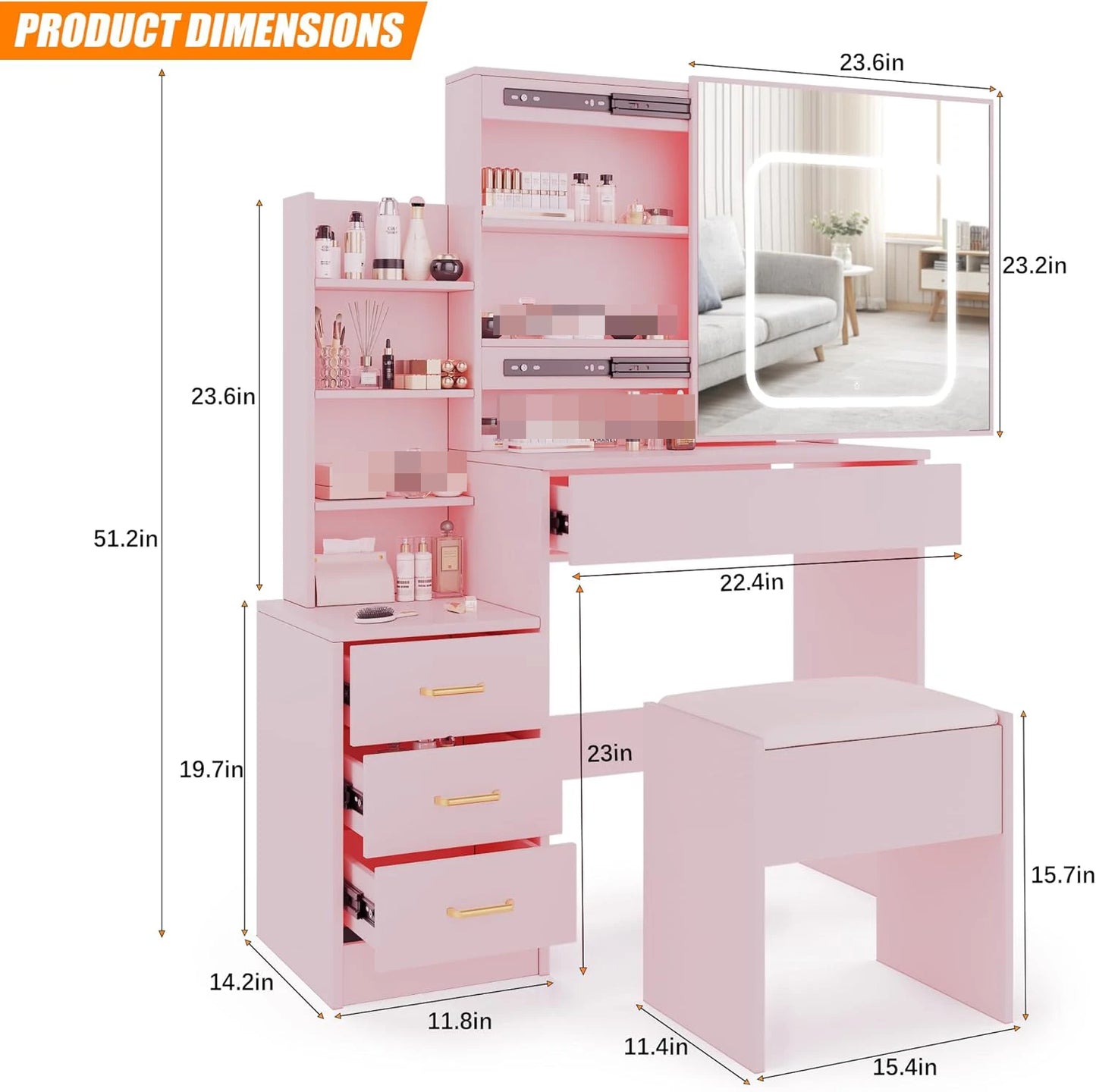 Vanity Desk with Mirror and Led Lights, Bench Included