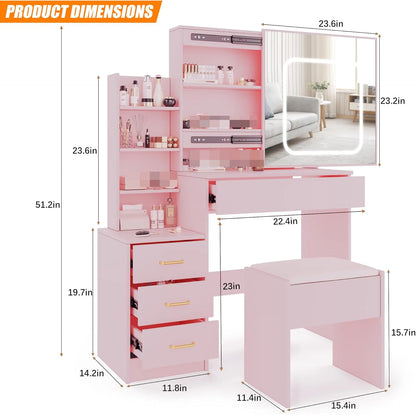Vanity Desk with Mirror and Led Lights, Bench Included