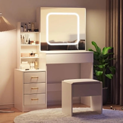Vanity Desk with Mirror and Led Lights, Bench Included