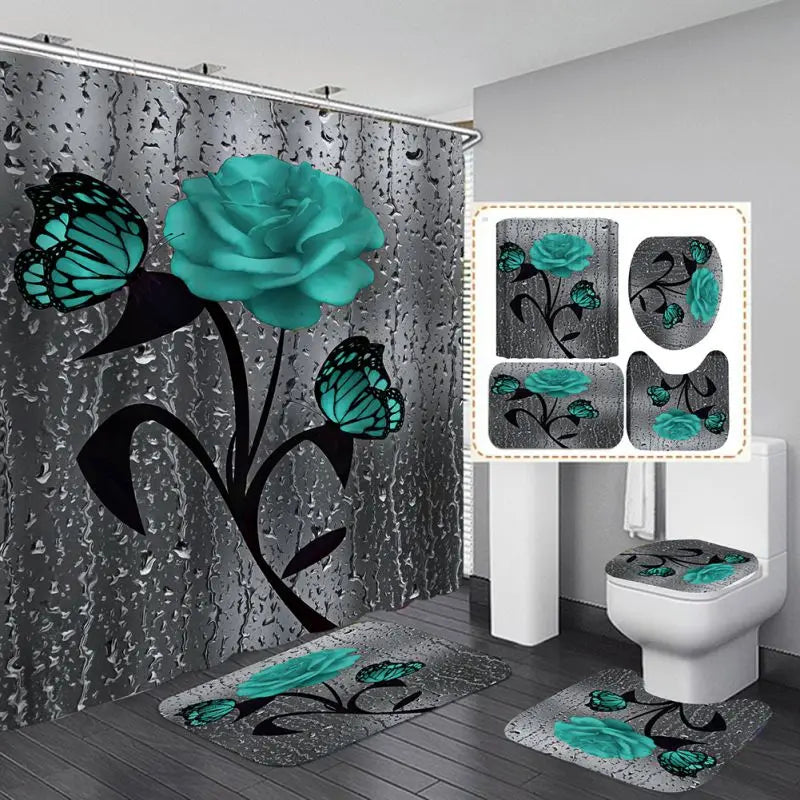 4pcs Set Shower Curtain, Non-Slip Rugs, Toilet Seat Cover Durable Waterproof Decor