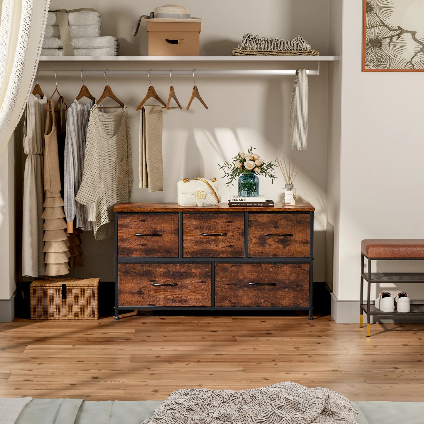 Display/Storage Cabinet With 5 Fabric Drawers Steel Frame Assembly Closet For Clothes Storage Dresser