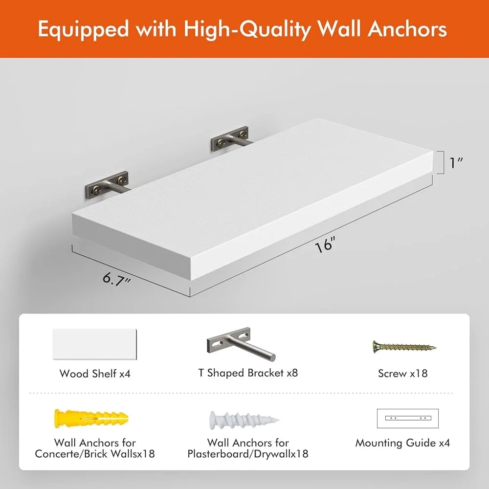 Floating Wall Shelves Set of 4 Rustic MDF, Easy Installation Space Saving