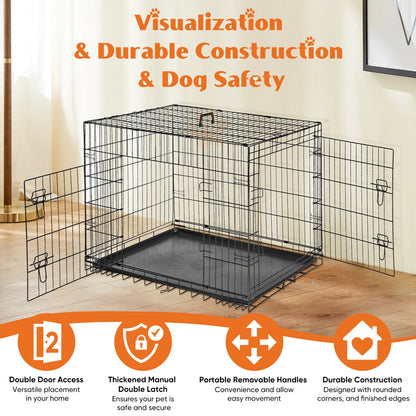 Double Door Folding Metal Pet Kennel with Plastic Leak-Proof Pan Tray
