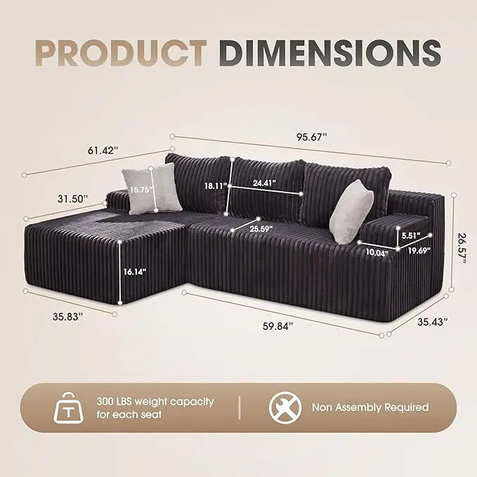 Modular L-Shaped 3-Seat Sectional Deep Seating Sofa