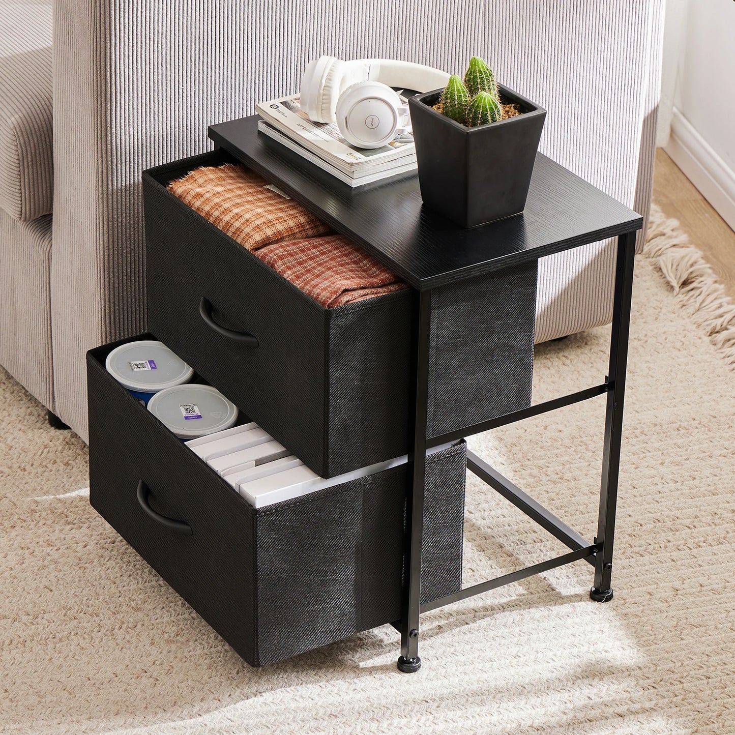 Bedside Nightstand With 2 Fabric Drawers and Lots More