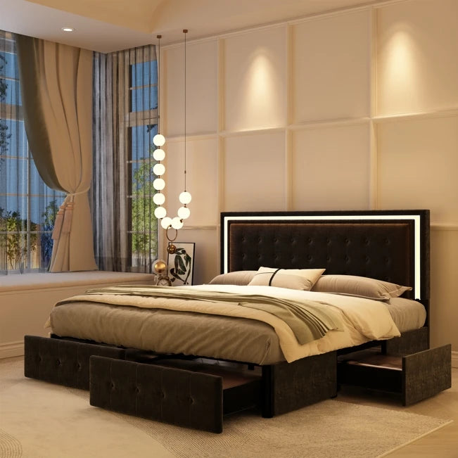 LED Bed Frame with 4Drawers, RGBW Headboard, PU Upholstered, No Box Spring Needed