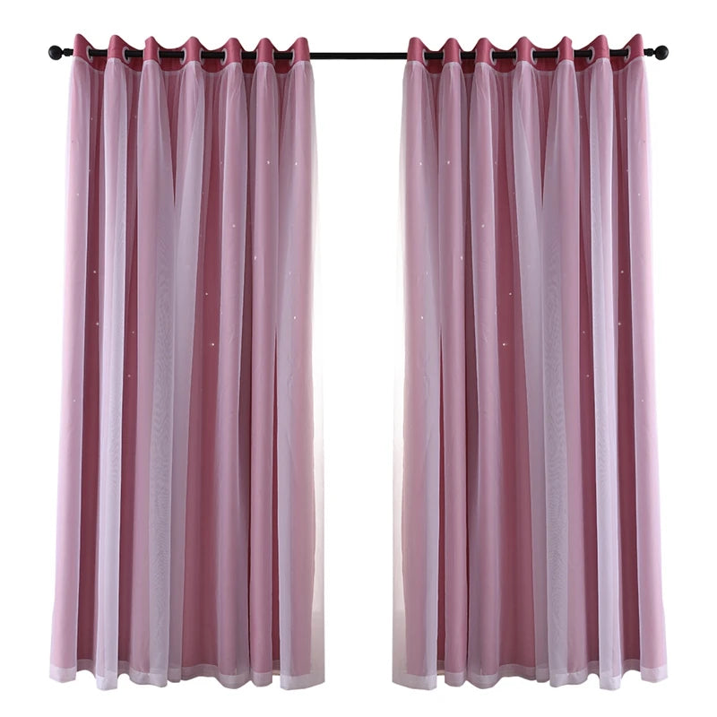 2 Panels Double Layer Blackout Curtains with Stars and Solid Colors