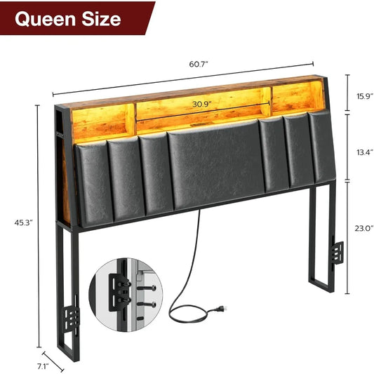 Hidden Storage Ergonomic  Headboard Queen Size with Charging Station