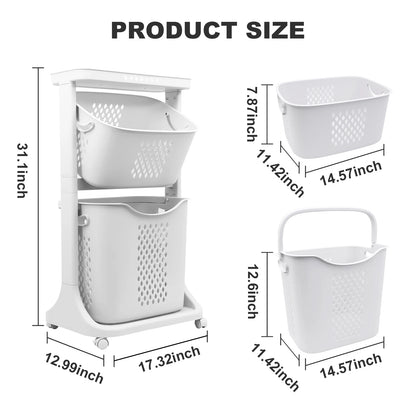 Plastic 2/4 Tier Laundry Basket Cart Removable Storage with 4 Wheels
