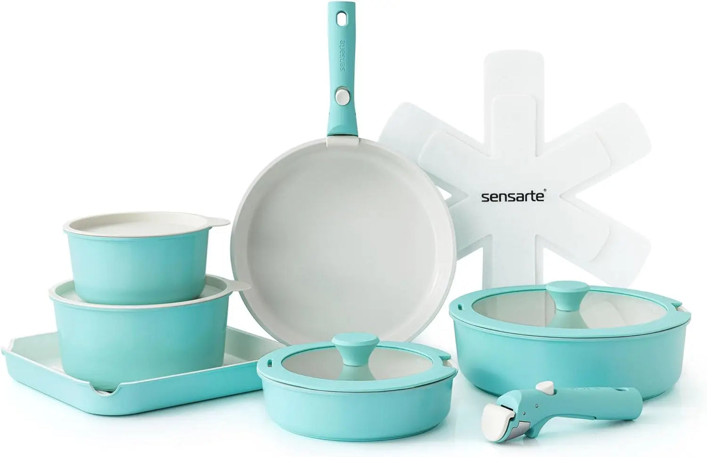 17 Piece Ceramic Cookware Set, Nonstick, Detachable Handle