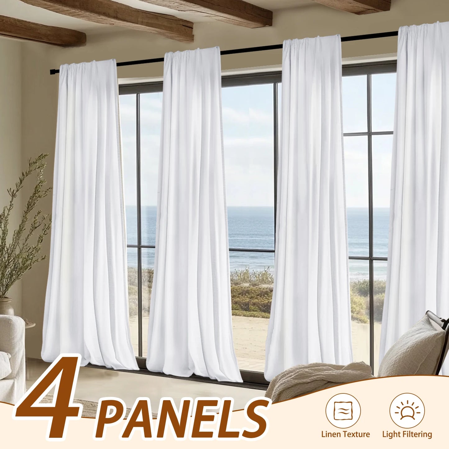 4Panel Light Filtering, Linen Texture and Rod Pocket Window Drapes