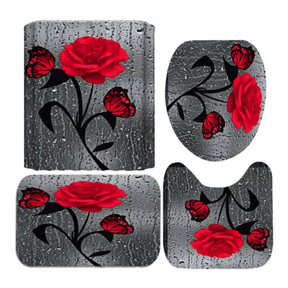 4pcs Set Shower Curtain, Non-Slip Rugs, Toilet Seat Cover Durable Waterproof Decor