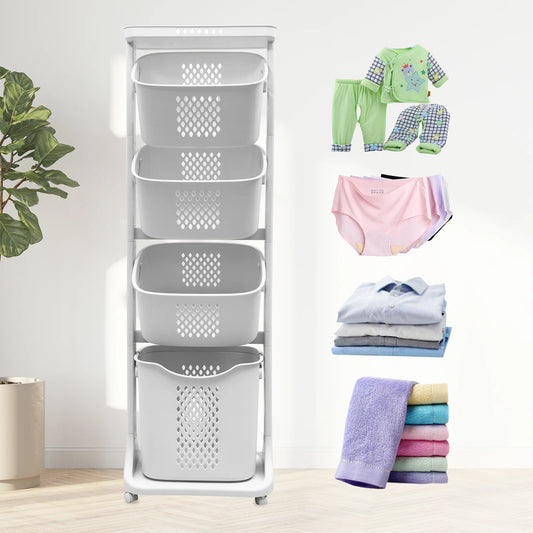 Plastic 2/4 Tier Laundry Basket Cart Removable Storage with 4 Wheels