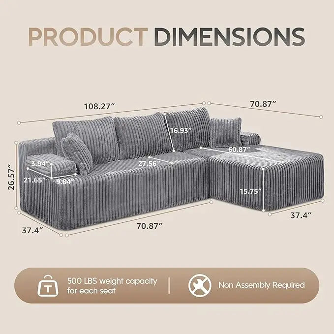 Modular L-Shaped 3-Seat Sectional Deep Seating Sofa