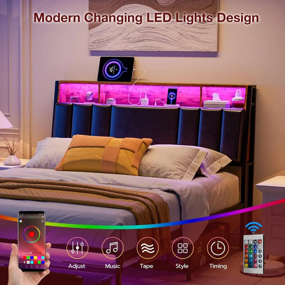 Hidden Storage Ergonomic  Headboard Queen Size with Charging Station