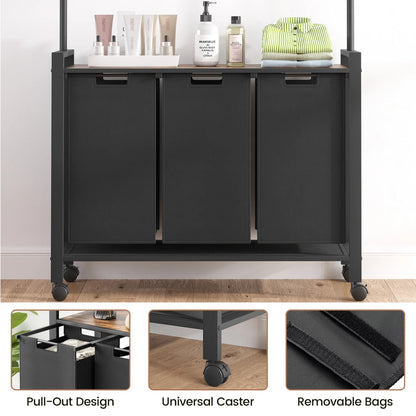 Laundry Sorter With Extendable Hanging Bar/ Wheels And Shelf