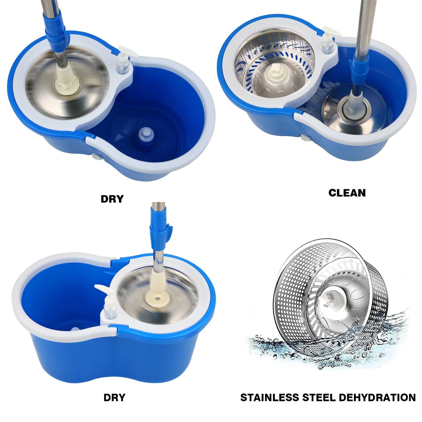 Spin Round Mop Bucket System with Wringer 3 Mopheads And  Extendable Handle