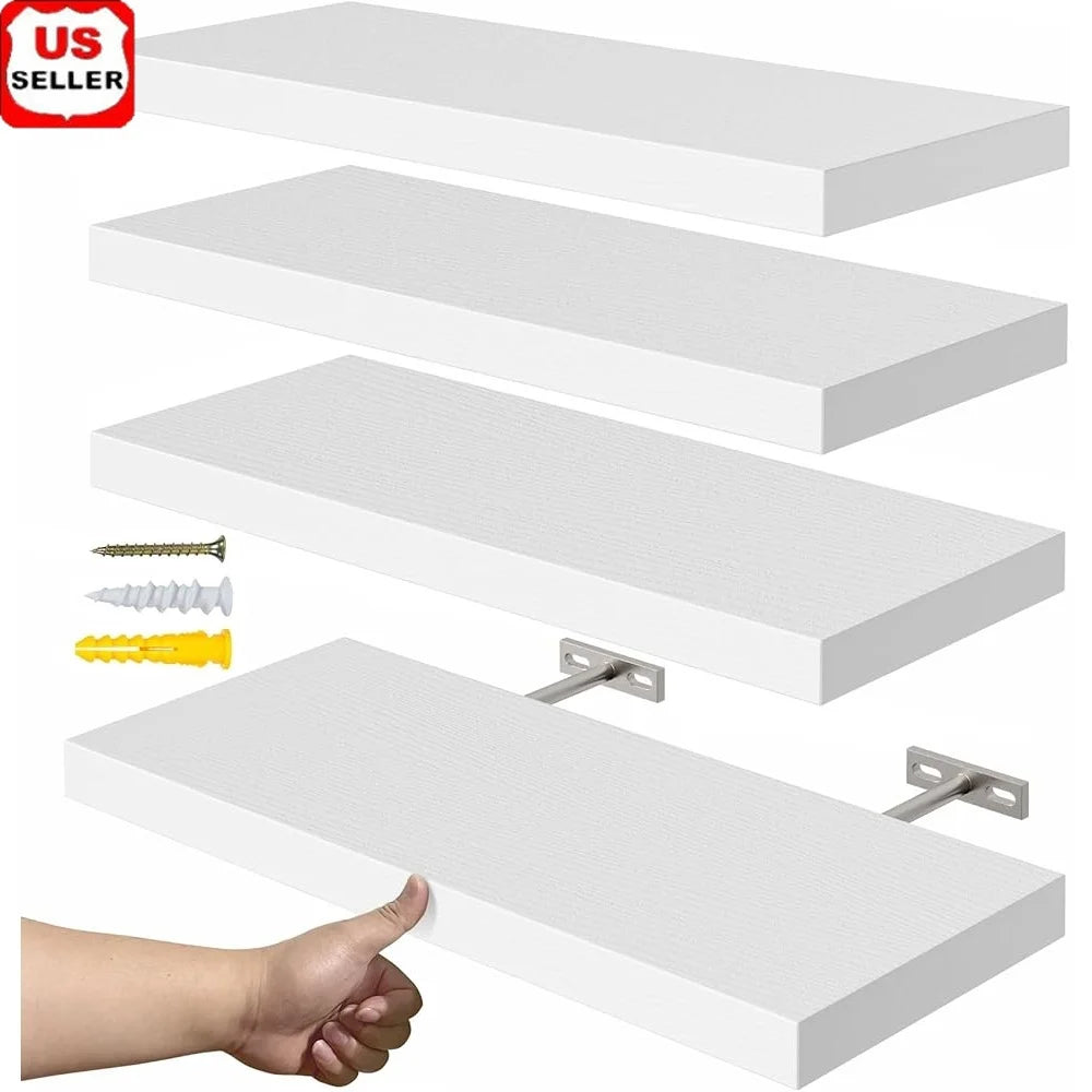 Floating Wall Shelves Set of 4 Rustic MDF, Easy Installation Space Saving