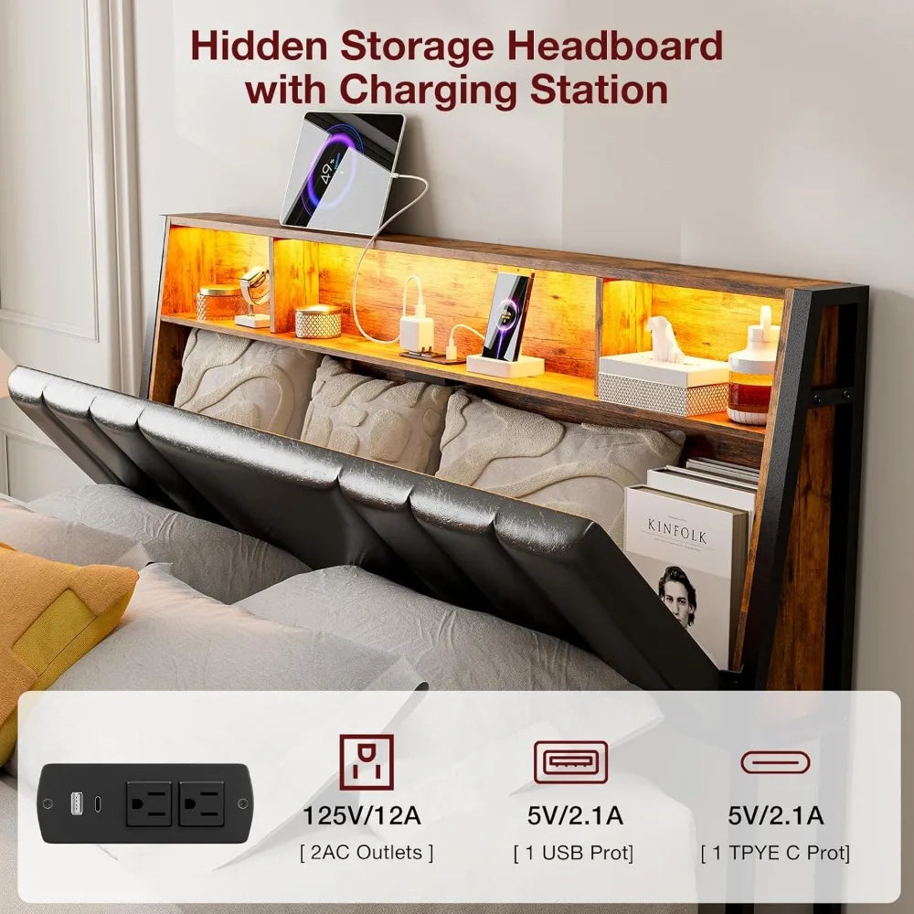 Hidden Storage Ergonomic  Headboard Queen Size with Charging Station
