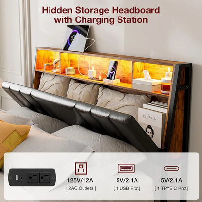 Hidden Storage Ergonomic  Headboard Queen Size with Charging Station