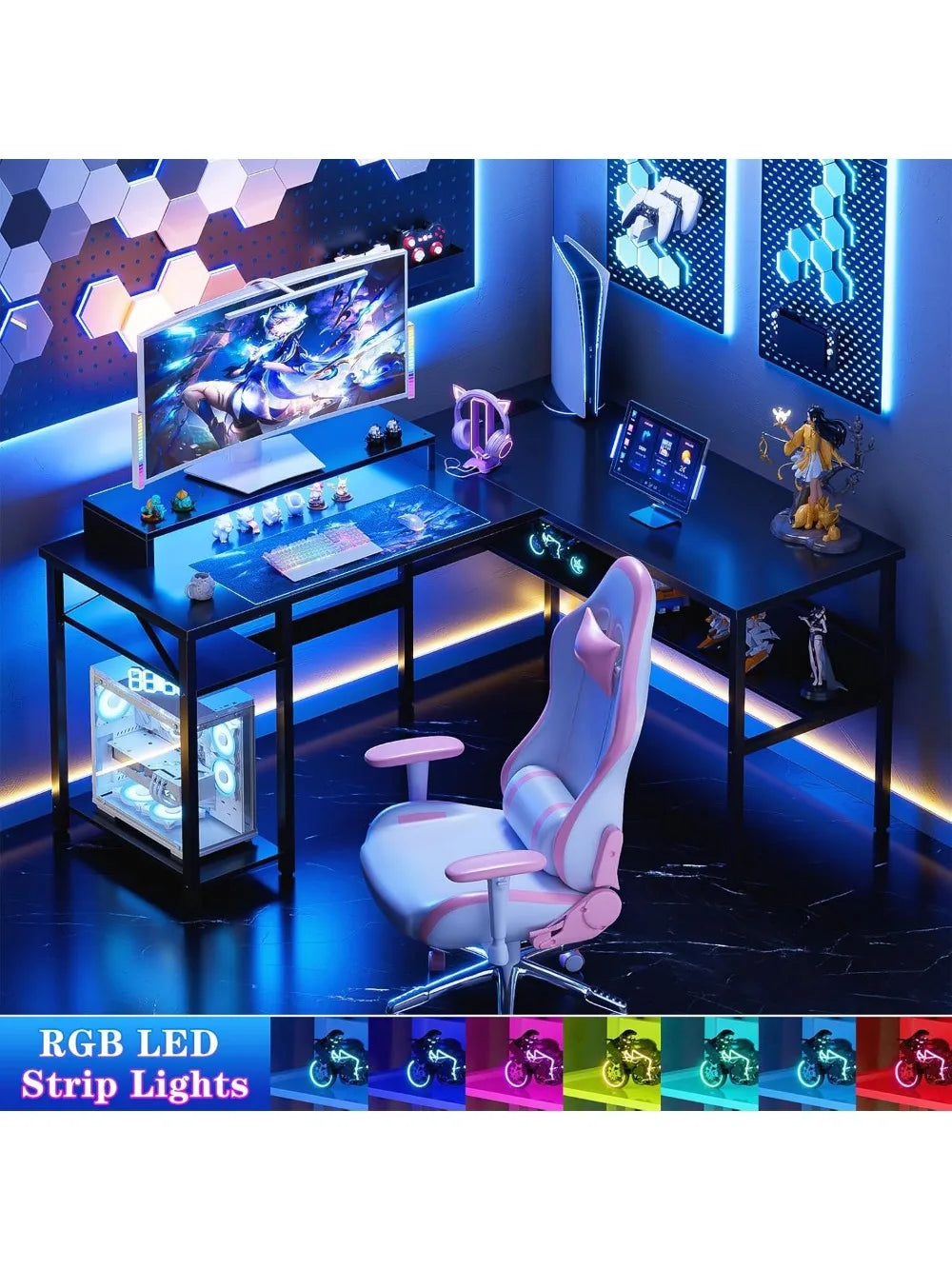 Reversible L Shaped Desk with Power Outlets, Smart LED Light