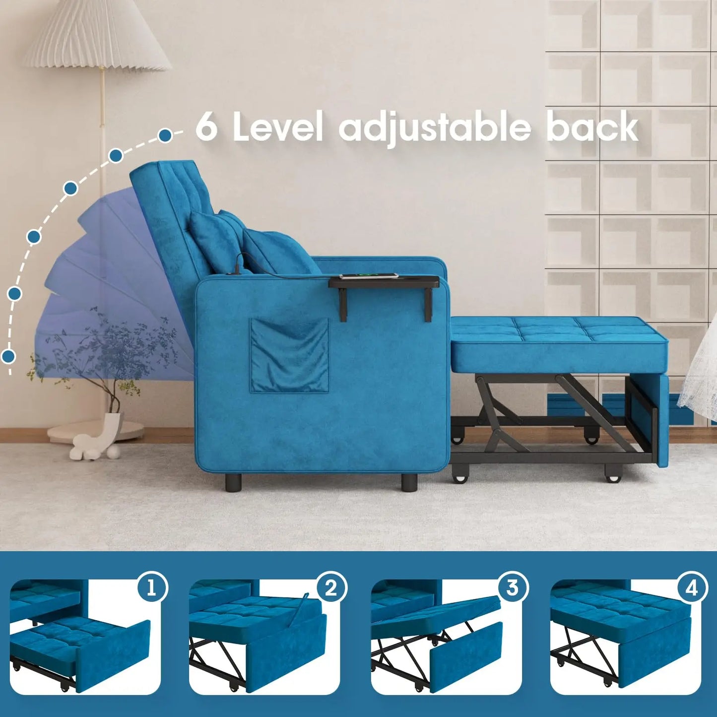 Velvet Chaise Lounge Chair with USB Ports & Two Pillows