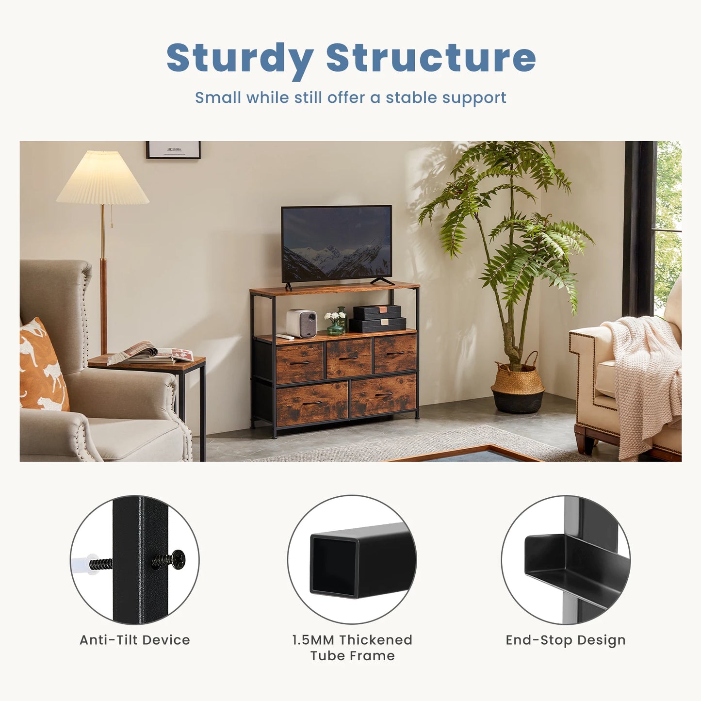 TV Stand With 5 Fabric Drawers For Storage And Display Self