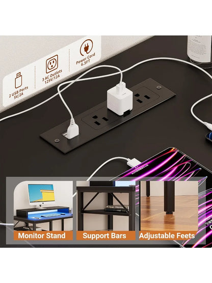 Reversible L Shaped Desk with Power Outlets, Smart LED Light