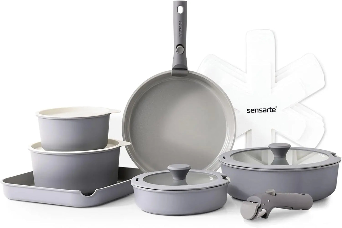 17 Piece Ceramic Cookware Set, Nonstick, Detachable Handle
