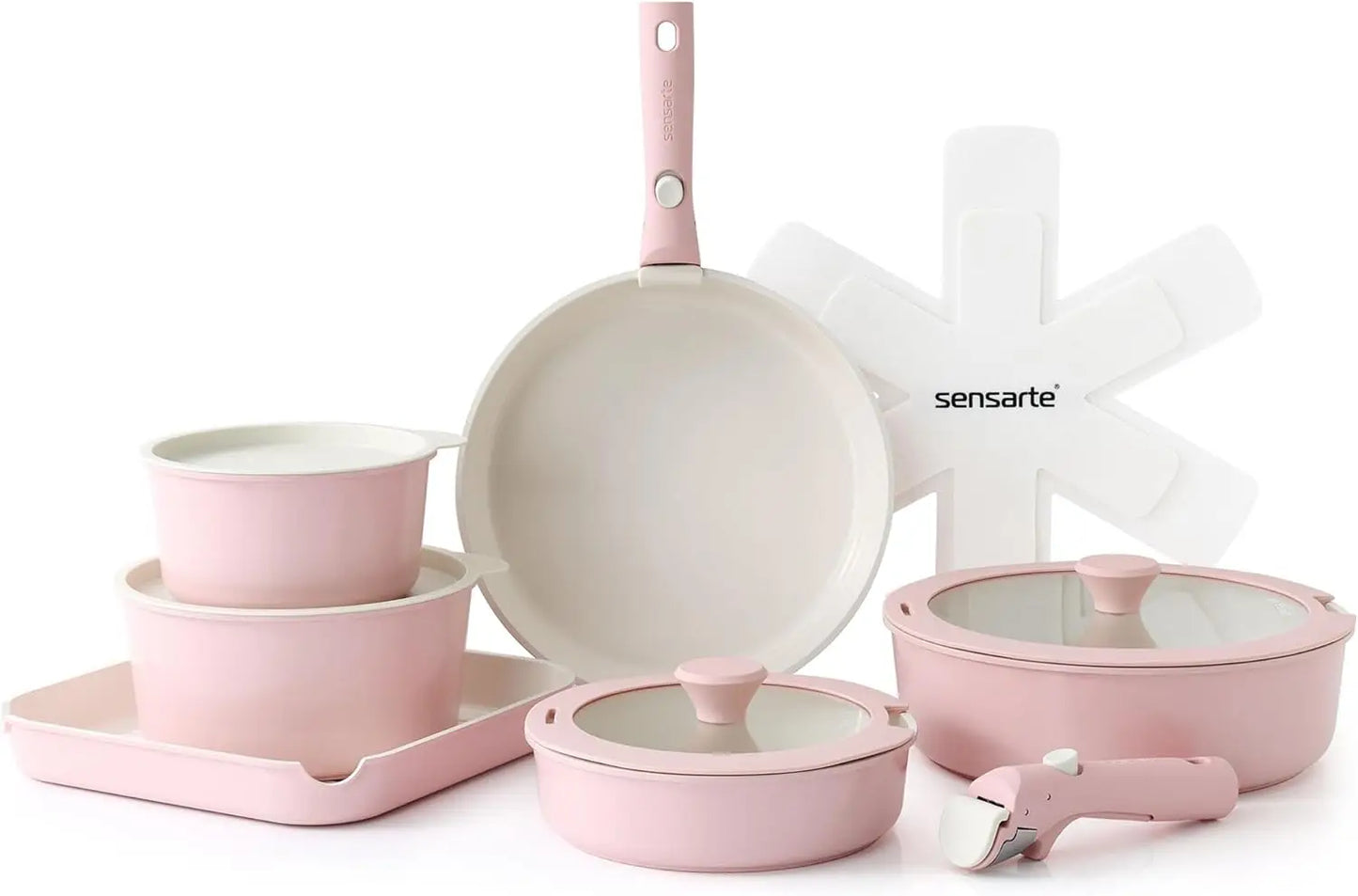 17 Piece Ceramic Cookware Set, Nonstick, Detachable Handle