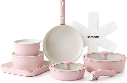 17 Piece Ceramic Cookware Set, Nonstick, Detachable Handle