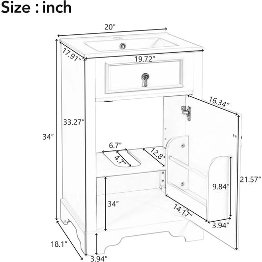20-inch Solid Wood Vanity Set with Ceramic Sink, Free Standing Cabinet