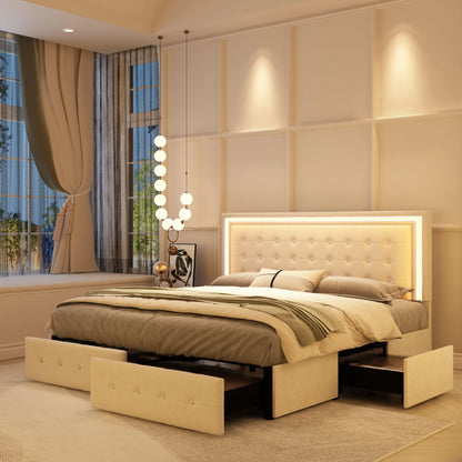 LED Bed Frame with 4Drawers, RGBW Headboard, PU Upholstered, No Box Spring Needed