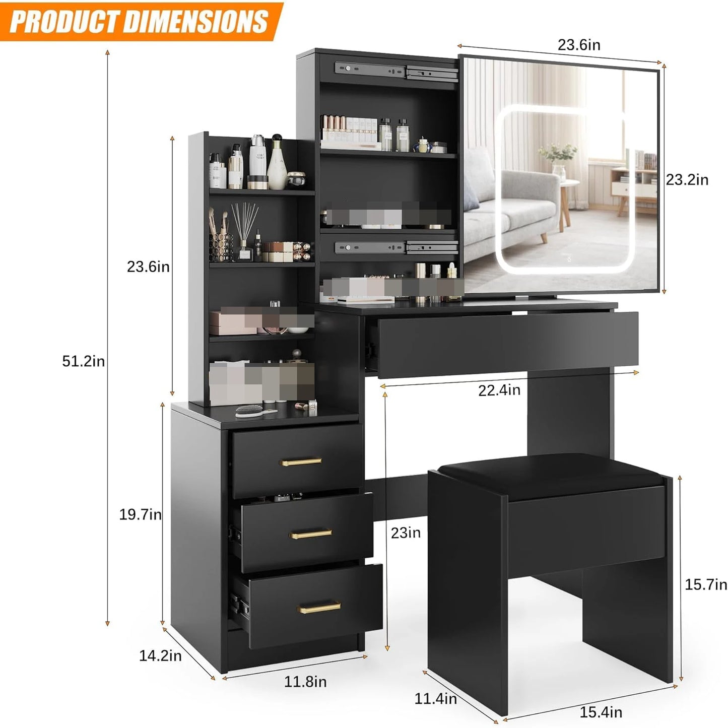 Vanity Desk with Mirror and Led Lights, Bench Included