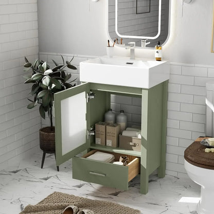 20-inch Solid Wood Vanity Set with Ceramic Sink, Free Standing Cabinet