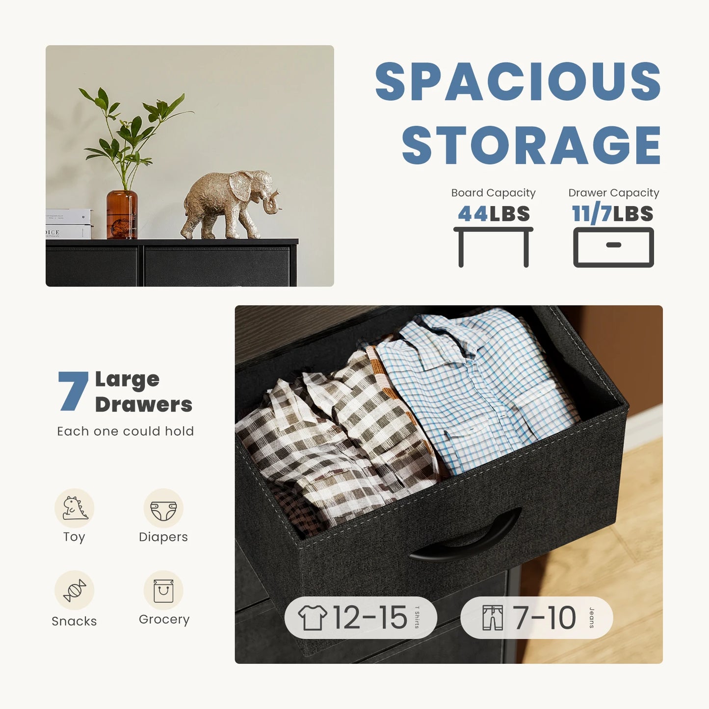 Dresser With 7 Fabric Drawers for Storage