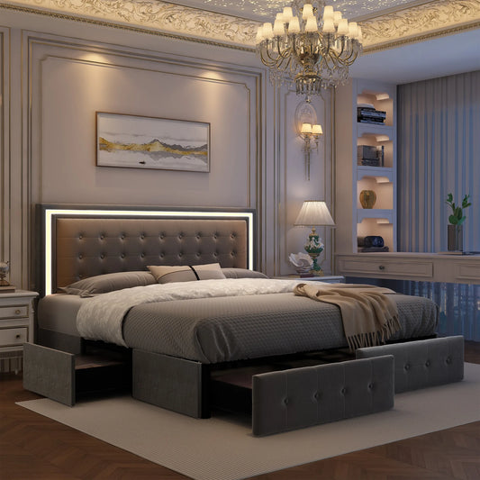 LED Bed Frame with 4Drawers, RGBW Headboard, PU Upholstered, No Box Spring Needed