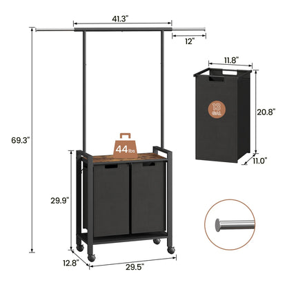 Laundry Sorter With Extendable Hanging Bar/ Wheels And Shelf