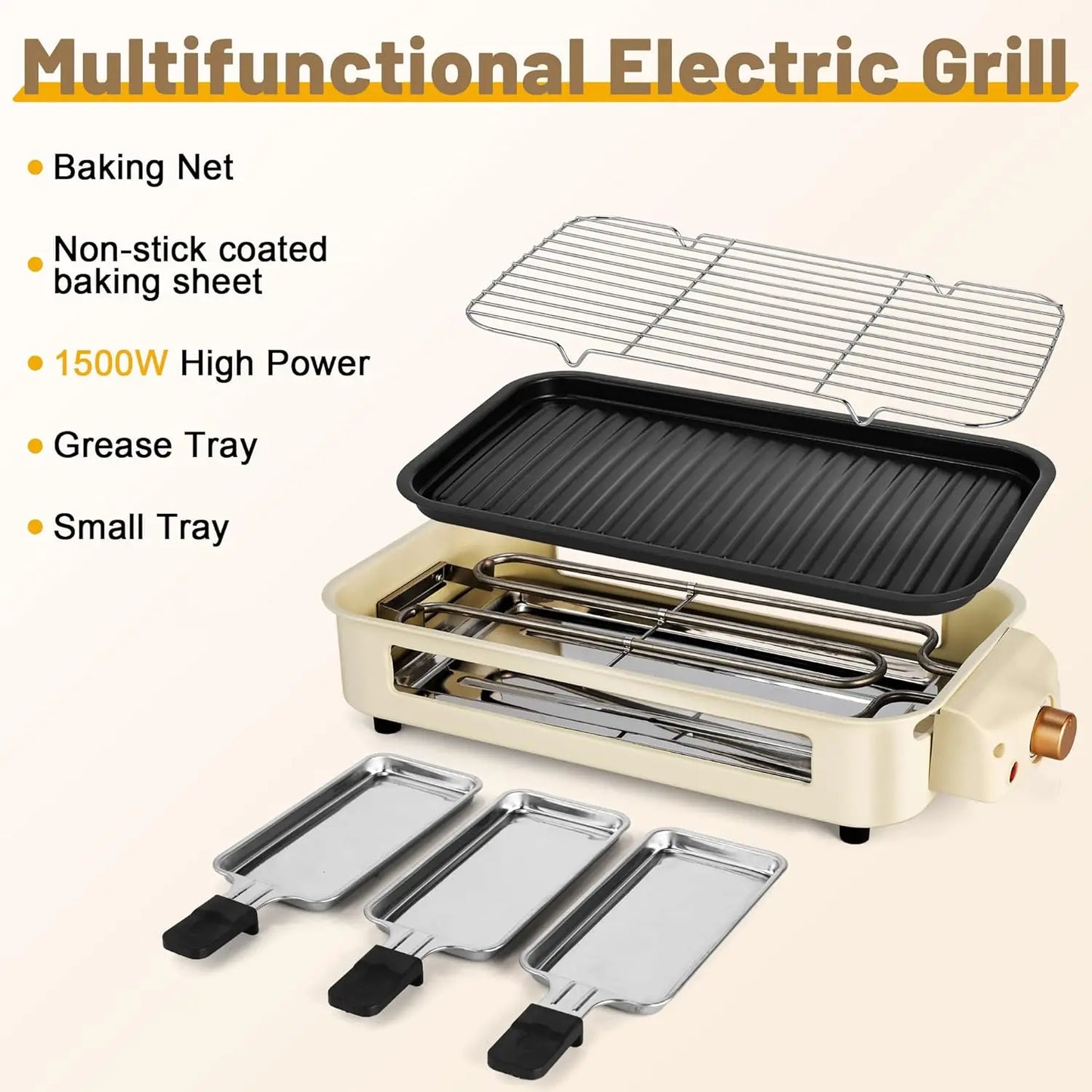 Electric Smoke-free Indoor Barbecue Grill, Adjustable Temperature, Non-Stick