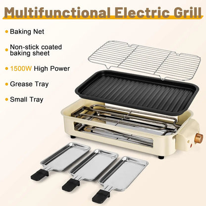 Electric Smoke-free Indoor Barbecue Grill, Adjustable Temperature, Non-Stick