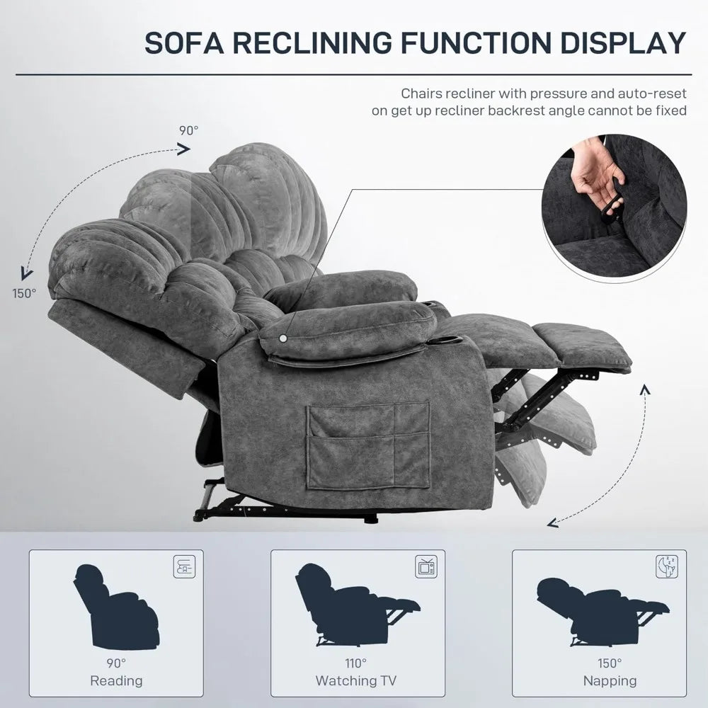 Recliner Chair Modern Ergonomic Lounge Single Sofa Seat Living Room Gravity Recliners Foam Filling 2 Cup Holders & Side Pocket
