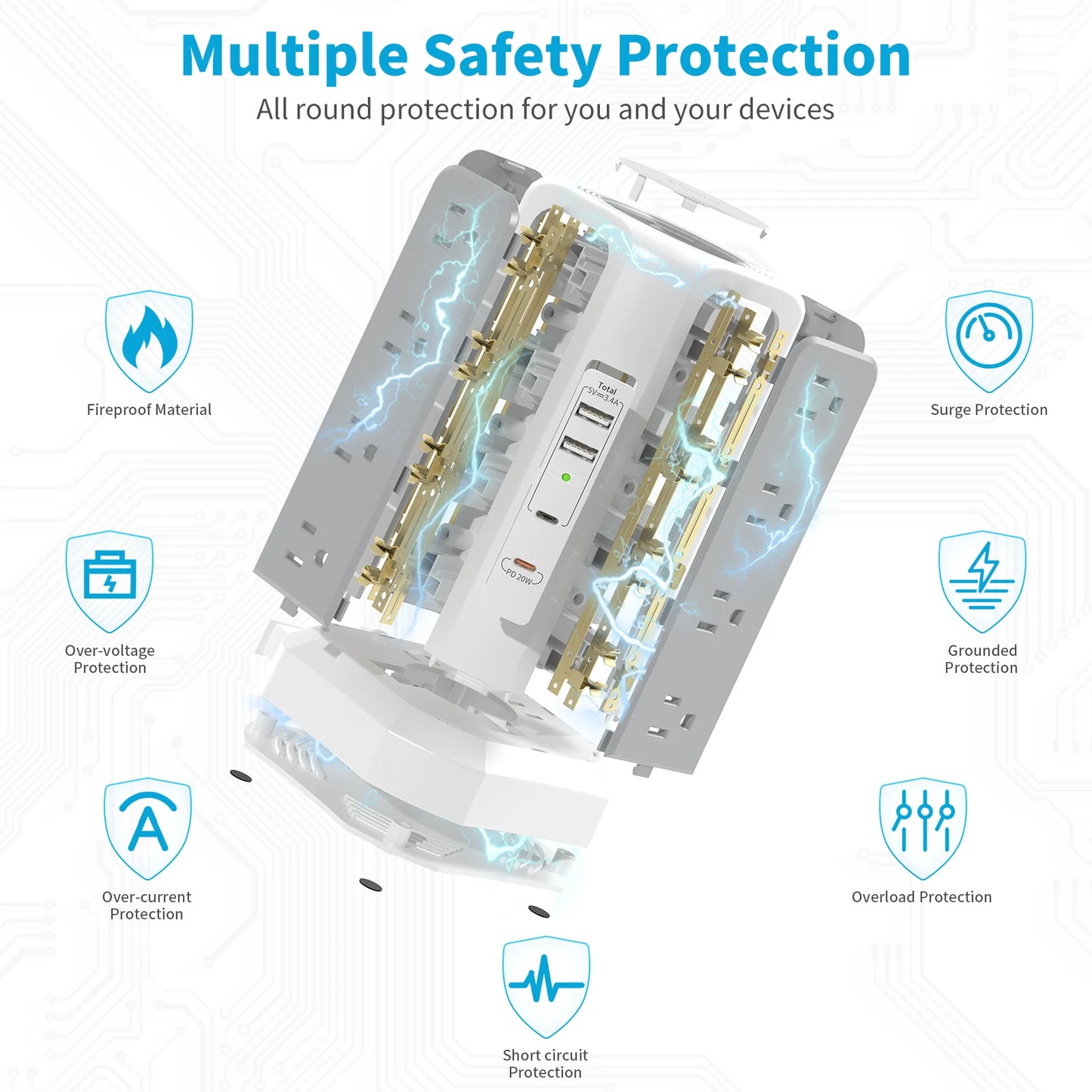 US 4-layer 3m extension tower plug-in board with PD fast charging