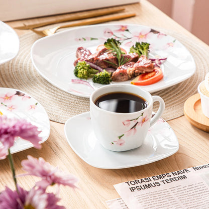 60-Piece White Ceramic Pink Floral Porcelain Plate Set