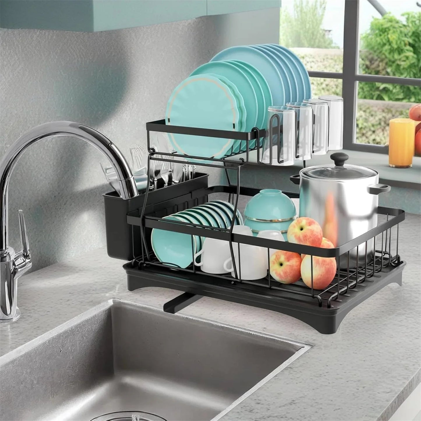 2-Tier Stainless Steel Dish Drying Rack –With Drainer & Cutlery Holder