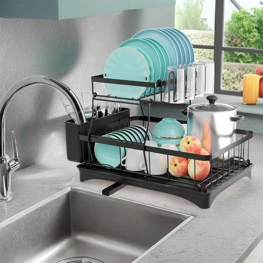2-Tier Stainless Steel Dish Drying Rack –With Drainer & Cutlery Holder