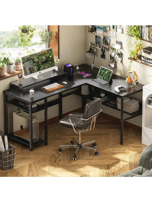 Reversible L Shaped Desk with Power Outlets, Smart LED Light