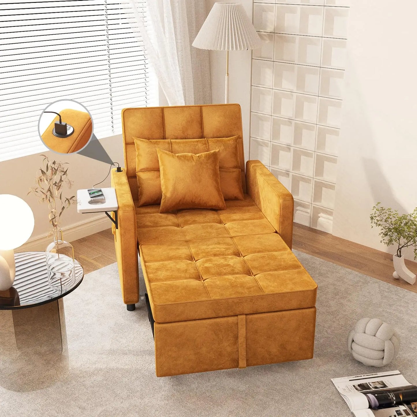 Velvet Chaise Lounge Chair with USB Ports & Two Pillows