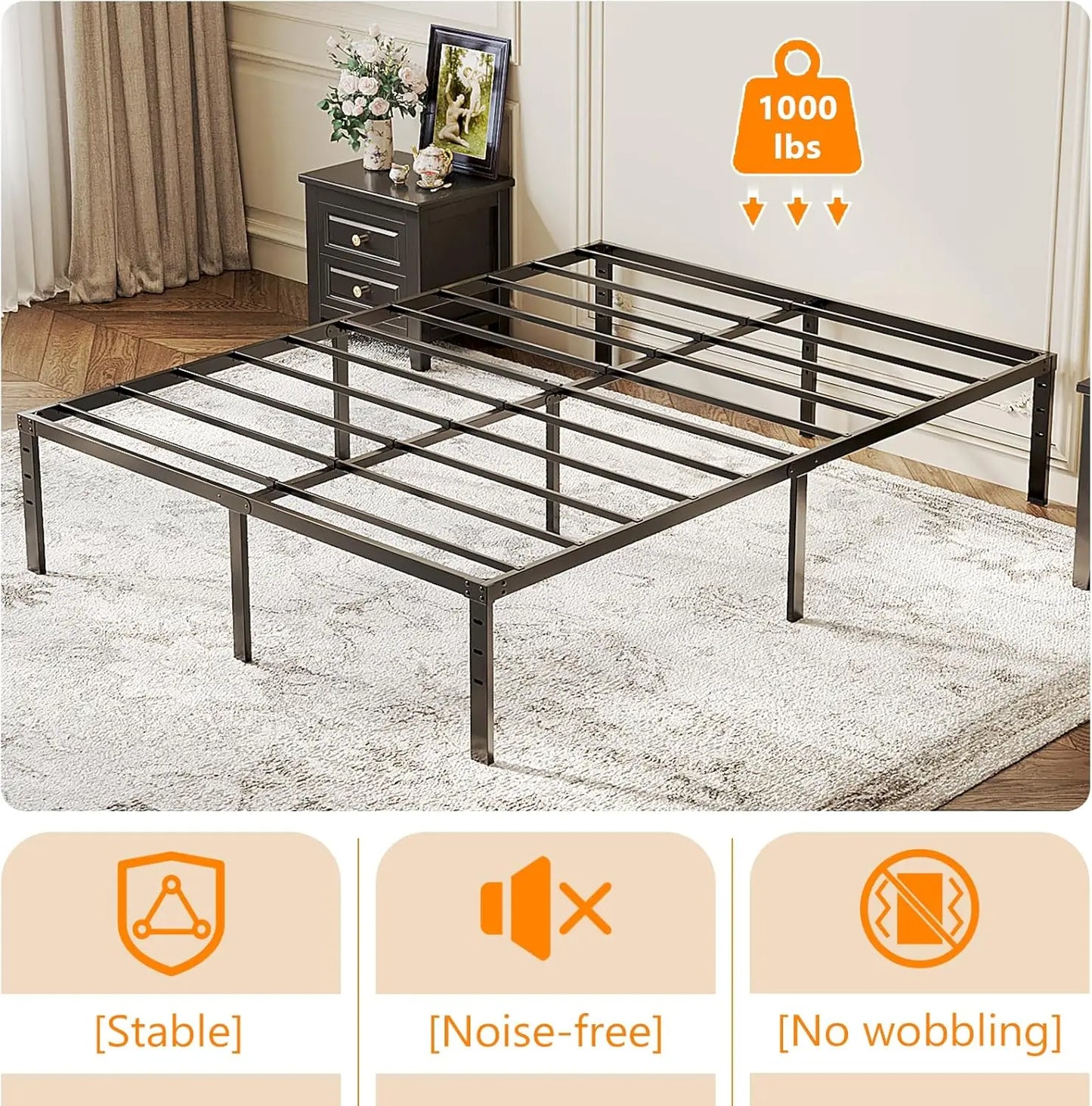 Bed Frame, Heavy Duty Metal Platform, No Box Spring Needed